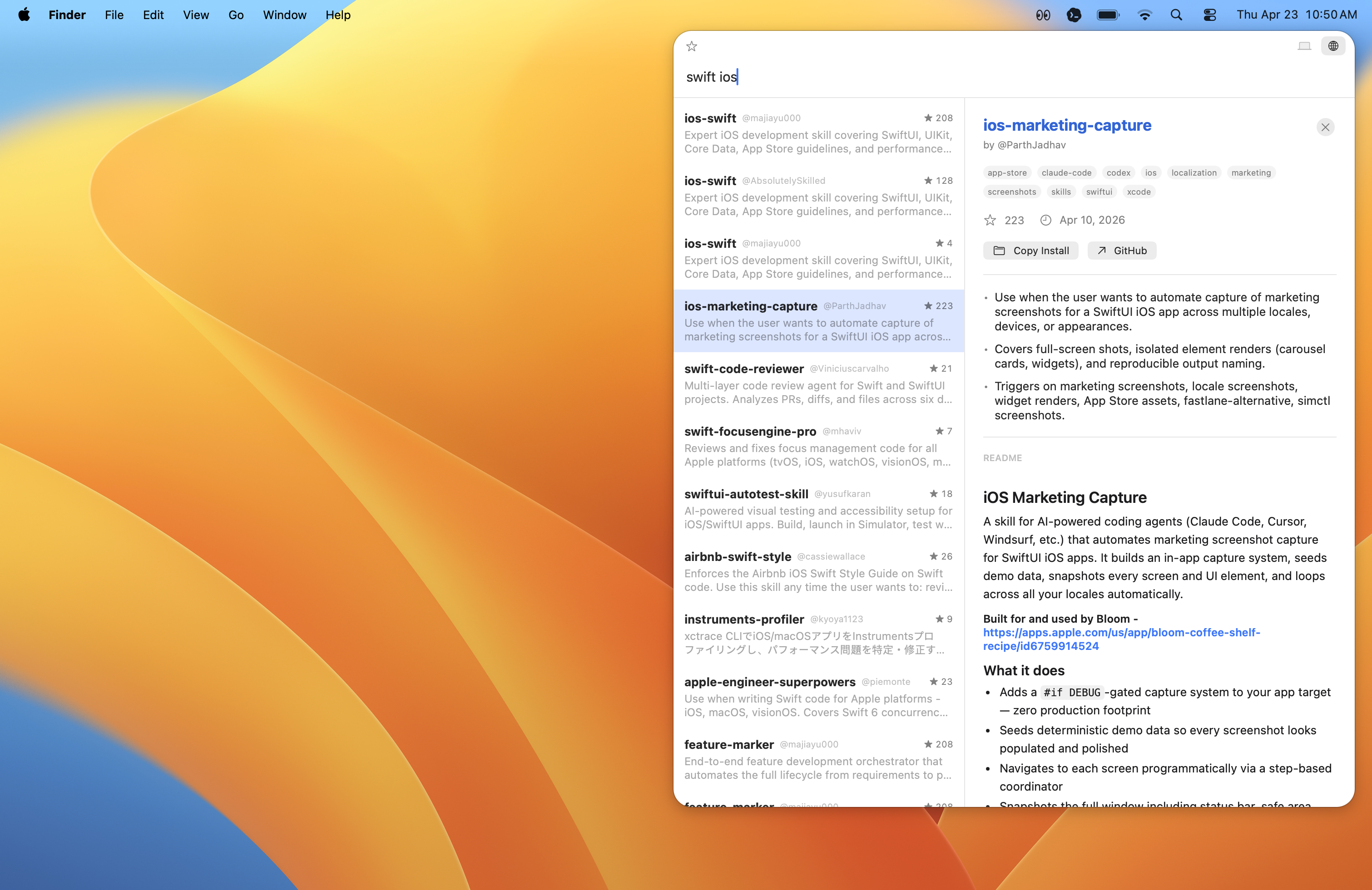 omgskills app — search and browse Claude Code skills from your Mac menu bar