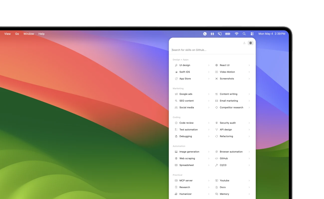 omgskills app — search and browse Claude Code skills from your Mac menu bar